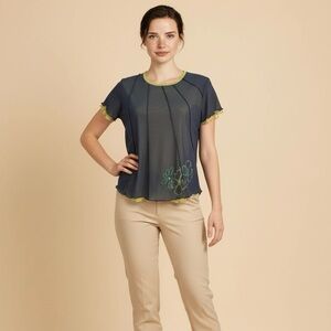 Chic Sheer Navy Top with Lime Details